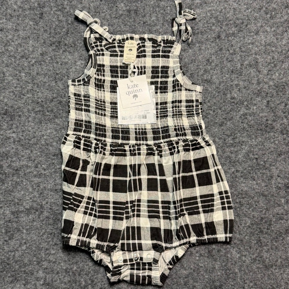 NWT Kate Quinn Smocked Tie Bubble‎ 18-24M Black White Ranch Plaid